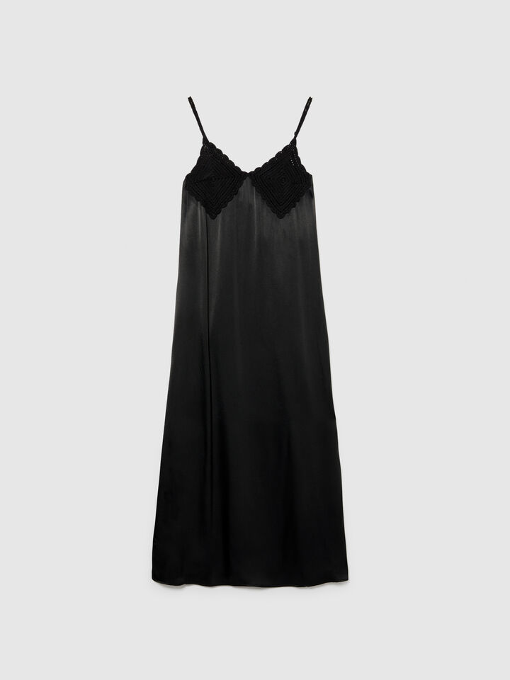 Satin dress with crochet - women's midi dresses - Black | Sisley image number 6